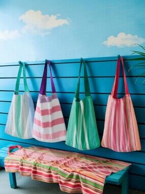 2-in-1 Beach Towel & Tote Bag - Purple Pink White Striped